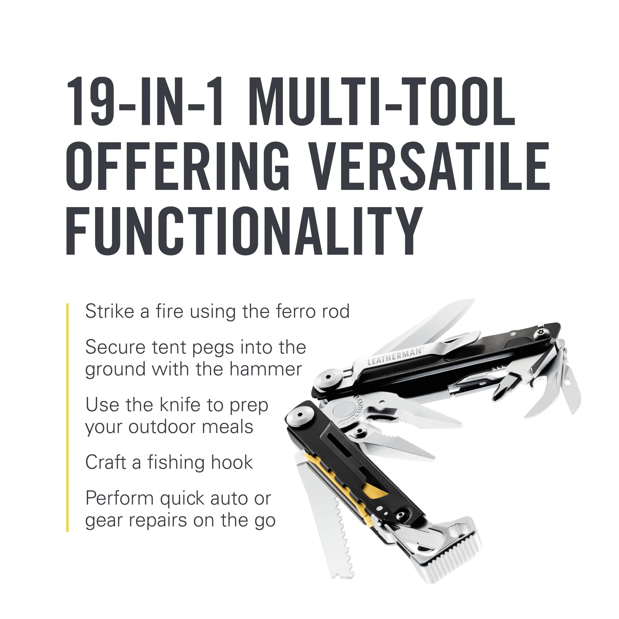 LEATHERMAN Signal knife blade enables quick cuts during camping tasks.