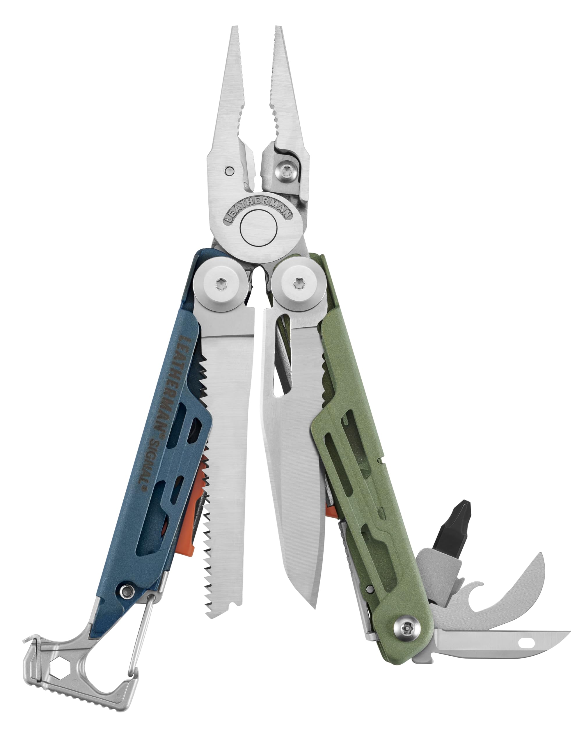 Leatherman Signal with pliers and knife for versatile outdoor tasks.