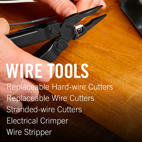 Leatherman Super Tool 300 compact saw enables quick material cuts on site.
