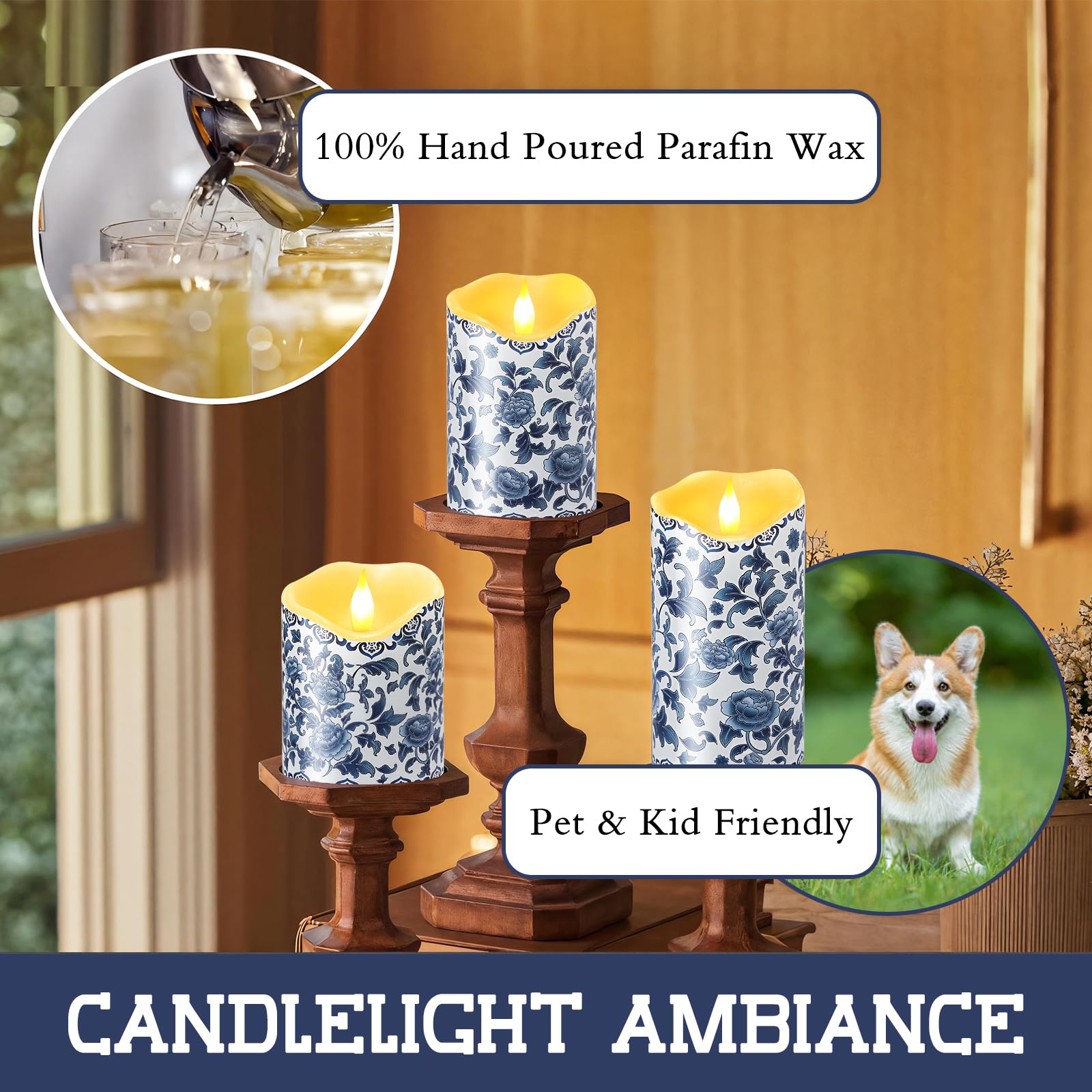 Lebaley blue chinoiserie decor candle enhances tabletops and shelves.