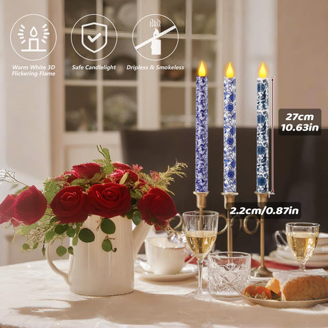Lebaley blue and white taper flameless candles with remote for table decor