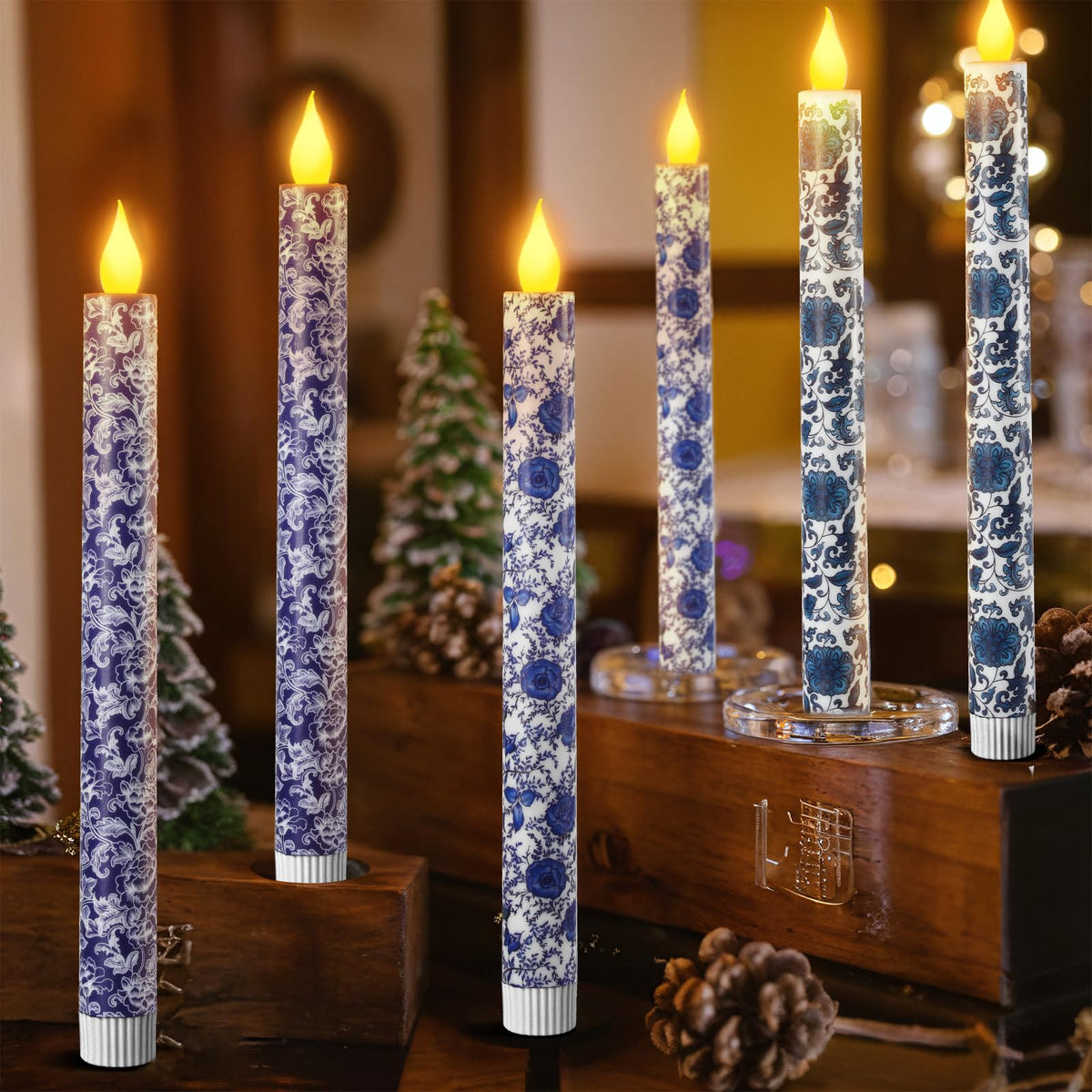 Lebaley chinoiserie flameless candles with remote in blue and white enhance ambience