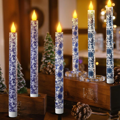 Lebaley chinoiserie flameless candles with remote in blue and white enhance ambience