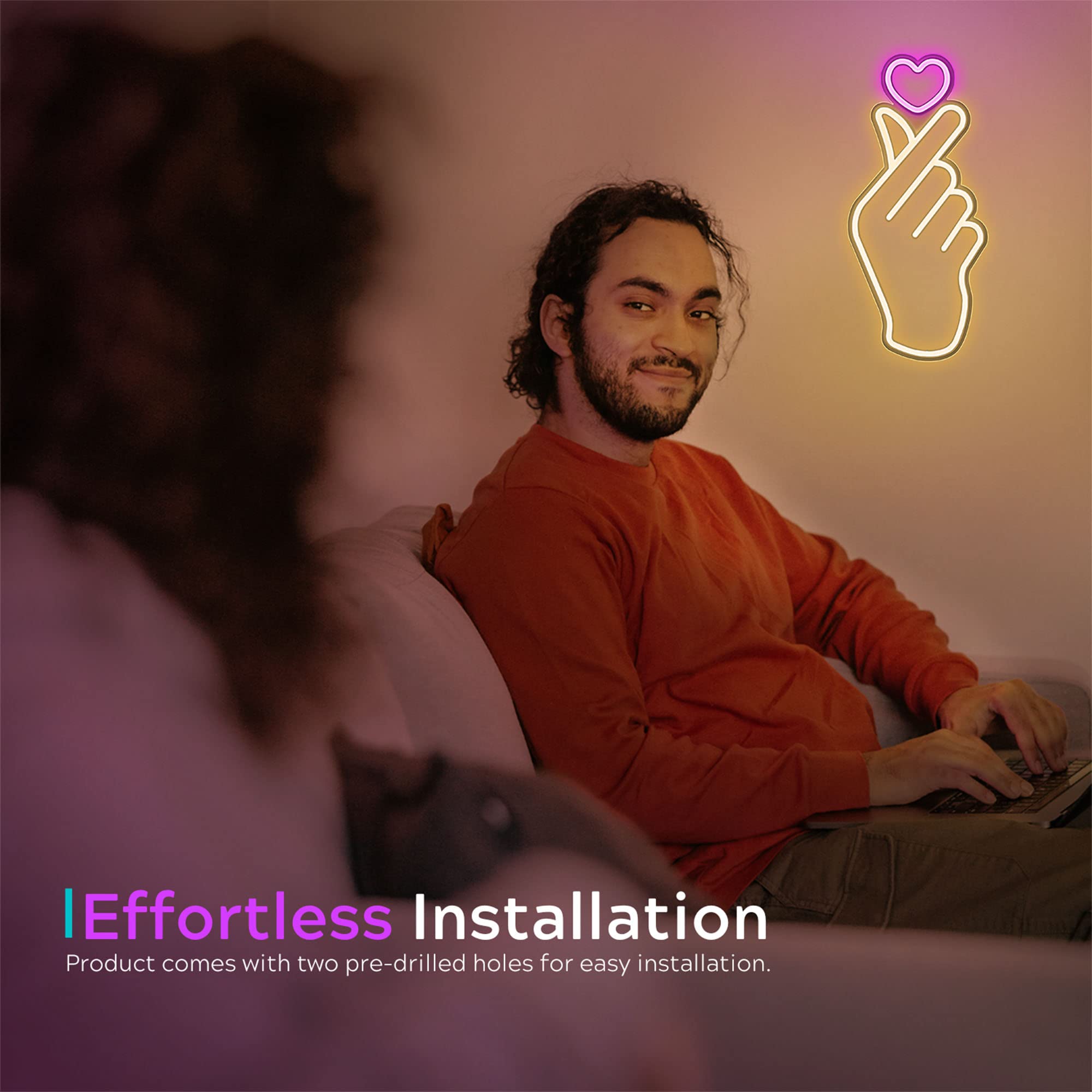 LEBURRY finger heart neon sign installs easily without drilling or tools.