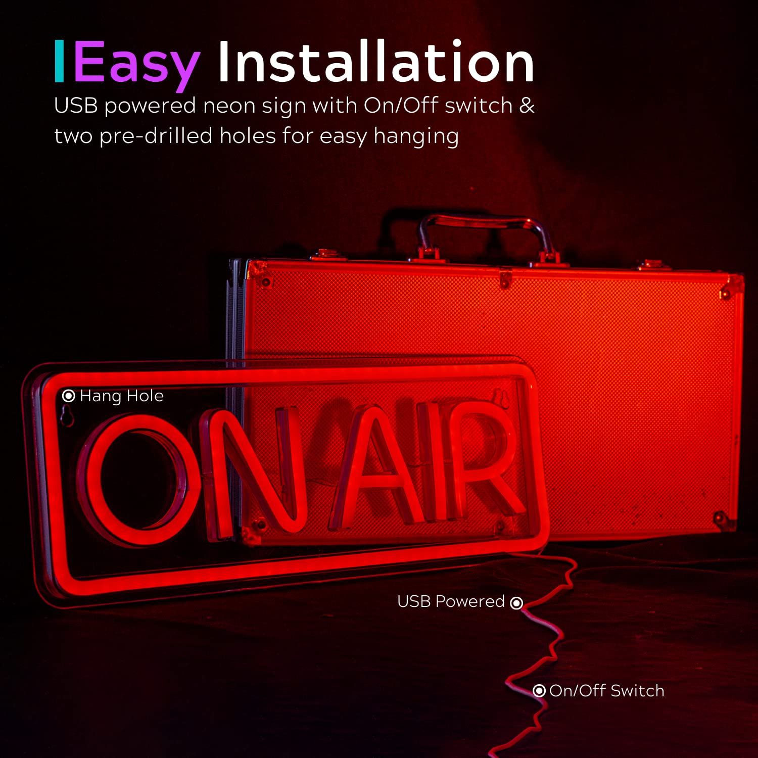 Leburry On Air neon sign brightens colors to boost backdrop aesthetics.