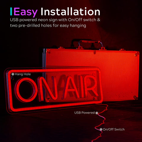 Leburry On Air neon sign brightens colors to boost backdrop aesthetics.