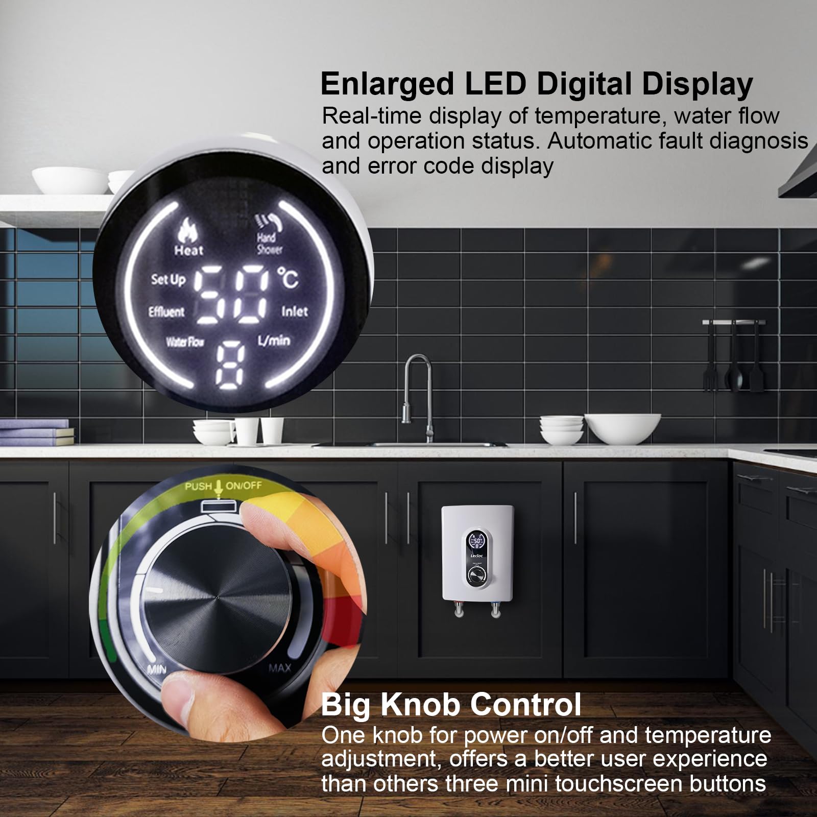 LECLOC 3kW 120V knob control for simple on/off and temperature adjustment.