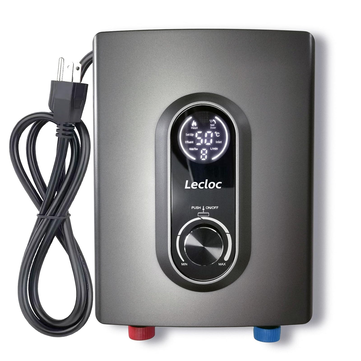 LECLOC mini tankless under-sink unit front display showing 3kW power and temperature