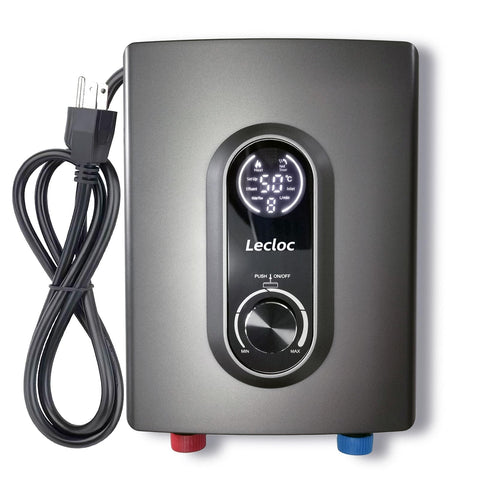 LECLOC mini tankless under-sink unit front display showing 3kW power and temperature