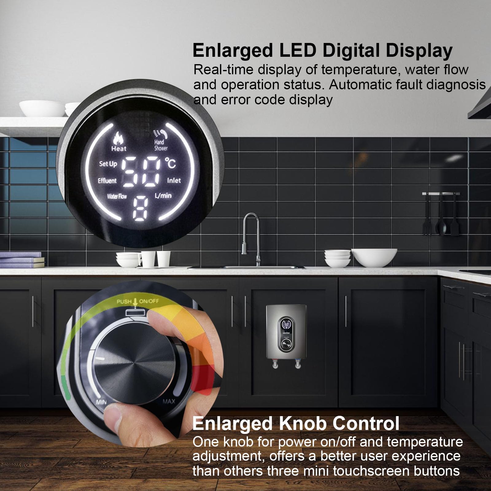 LECLOC mini tankless under-sink front view with compact design
