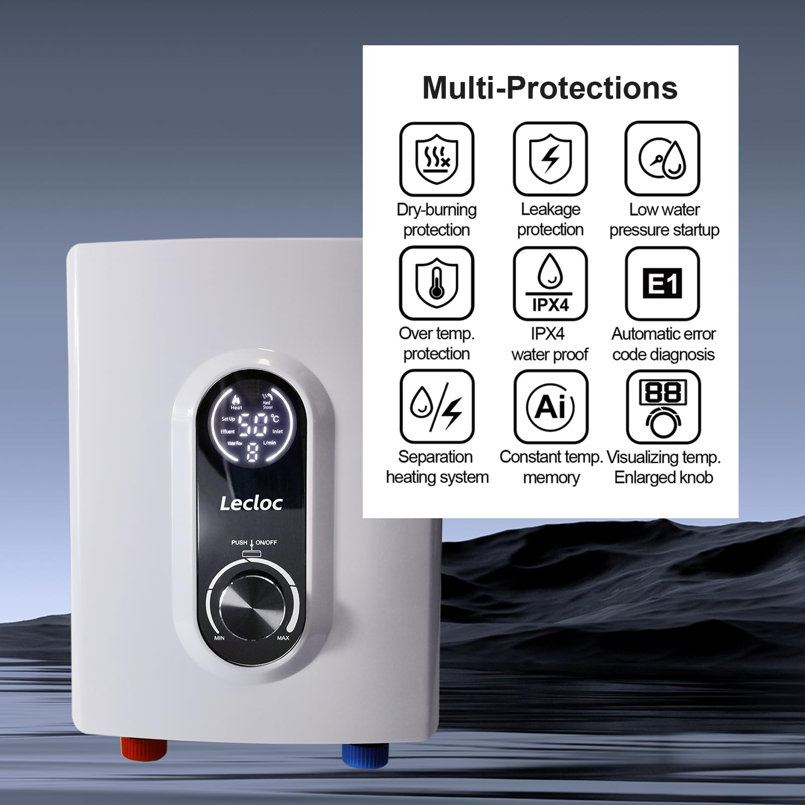 LECLOC warm water output provides continuous supply at sinks.
