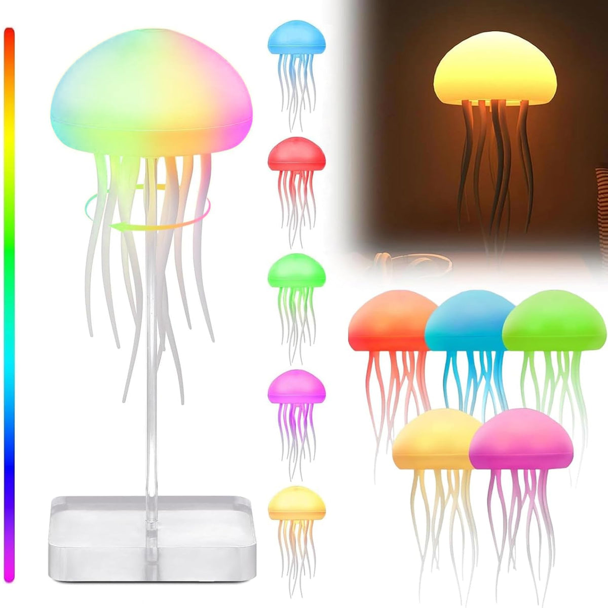 LED Jellyfish Lamp emits a cute, calming glow on a bedside table.