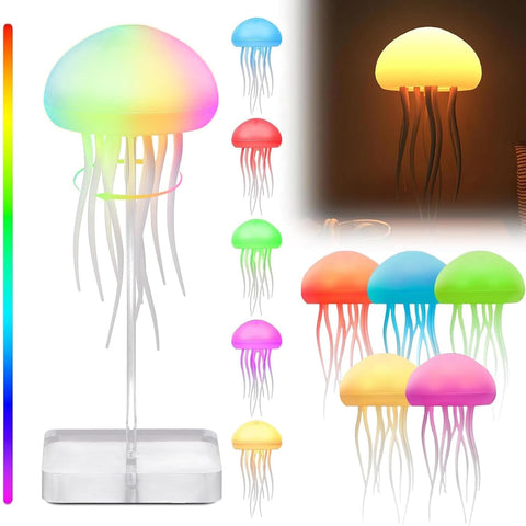 LED Jellyfish Lamp emits a cute, calming glow on a bedside table.