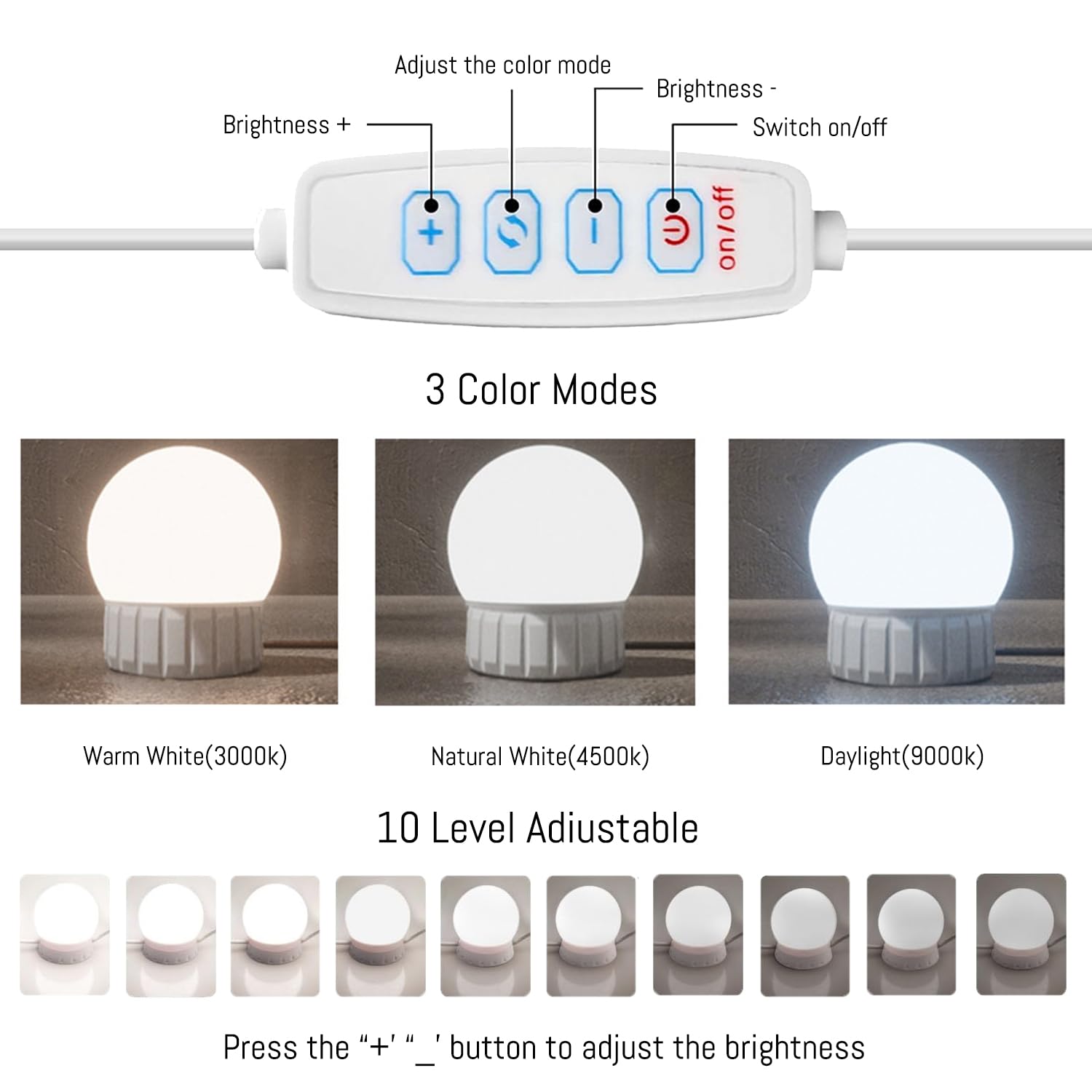 LED Vanity Lights around the mirror; side view shows easy USB setup.
