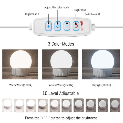 LED Vanity Lights around the mirror; side view shows easy USB setup.