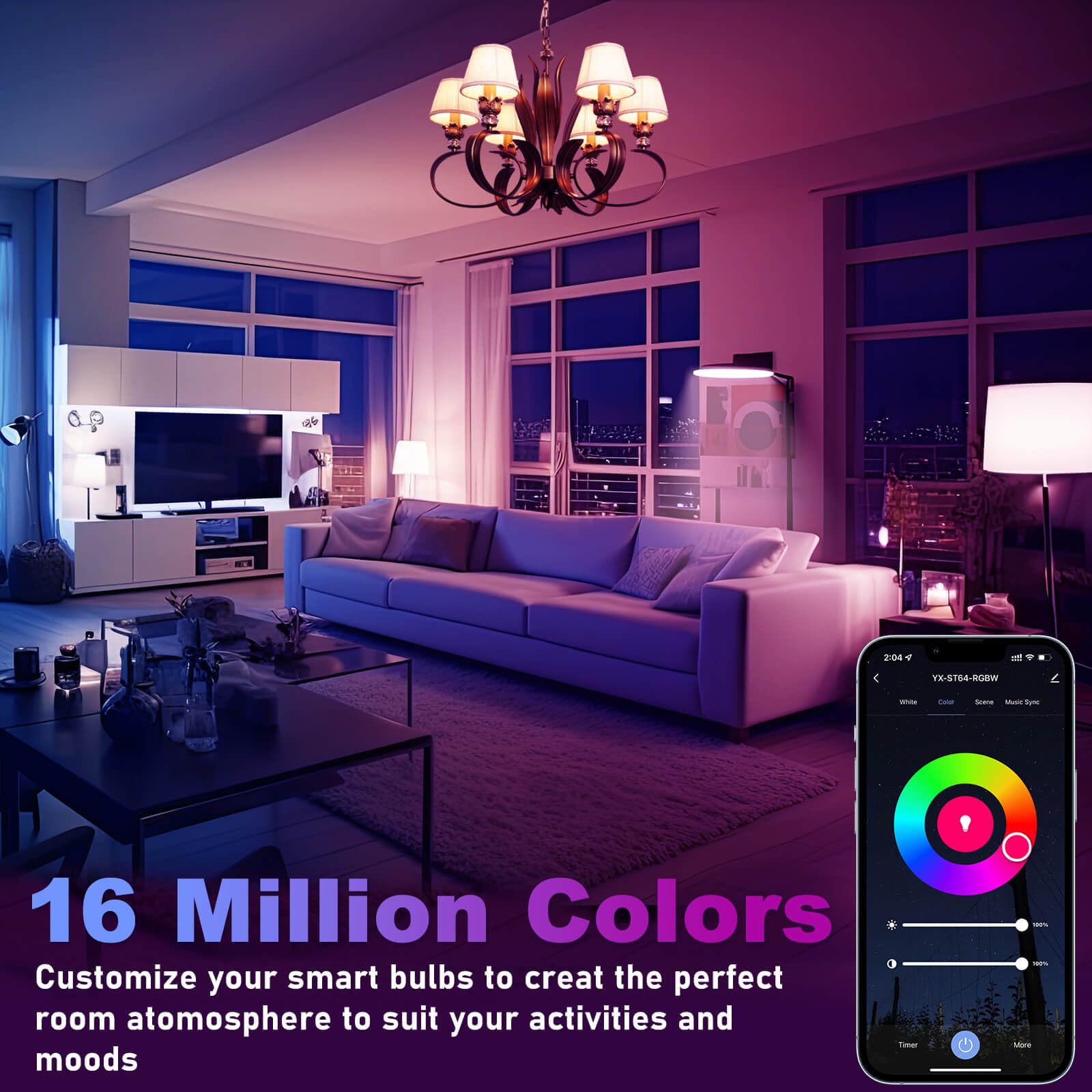 LEDEPLY A15 color-changing bulb with 16 million hues for ambience.