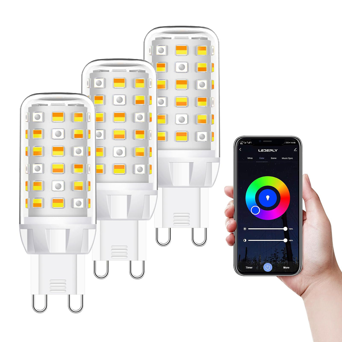 LEDEPLY WiFi G9 bulb packaging illustrates easy setup for smart lighting.
