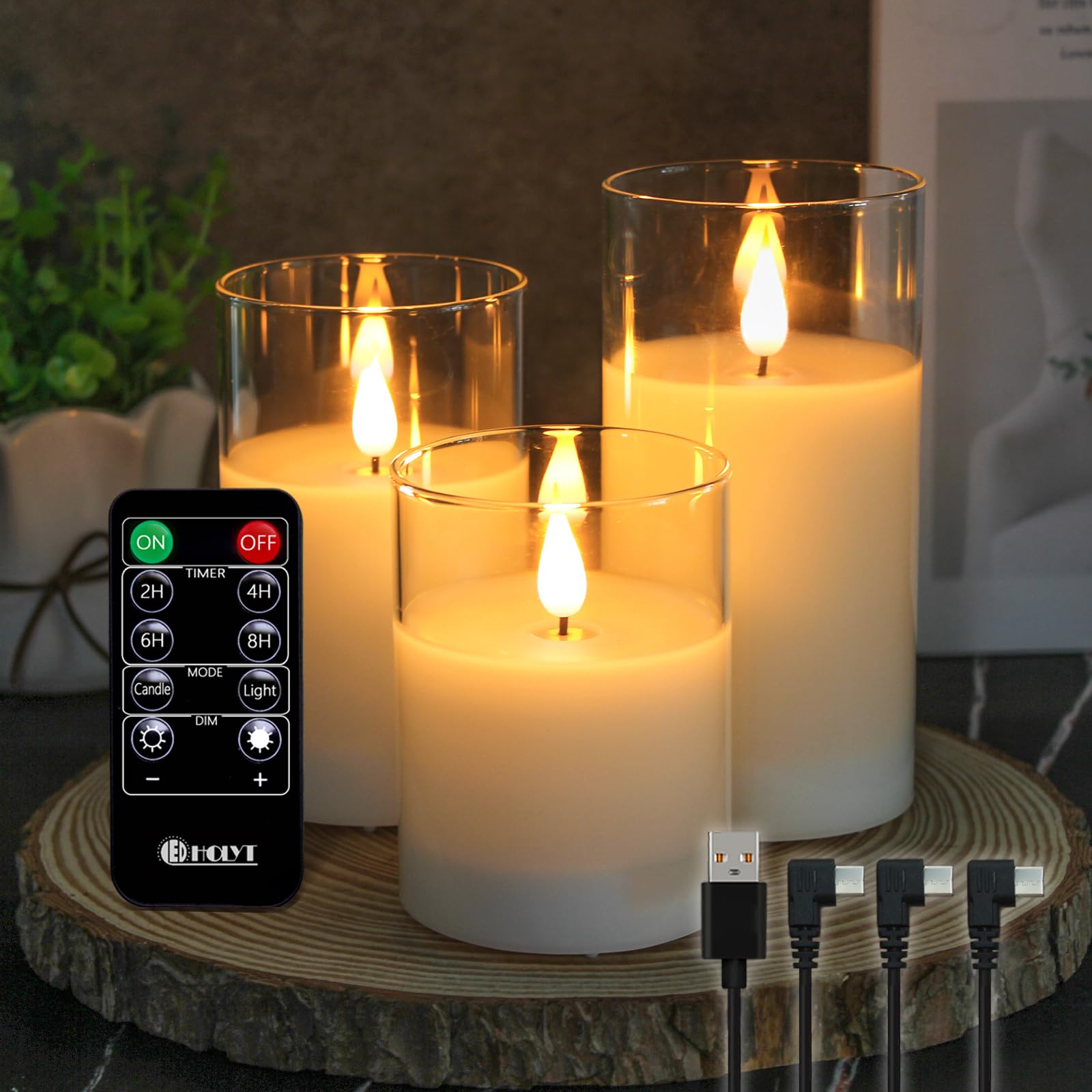 LEDHOLYT glass flameless pillar candles trio create soft living room ambiance without flame