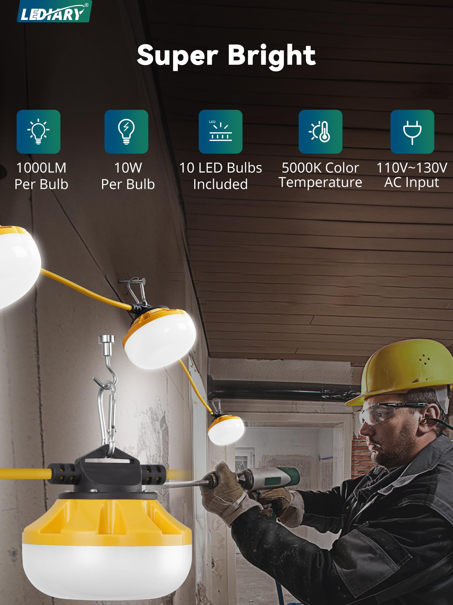 LEDIARY 100W 10000LM work light delivers strong task lighting for dark spaces