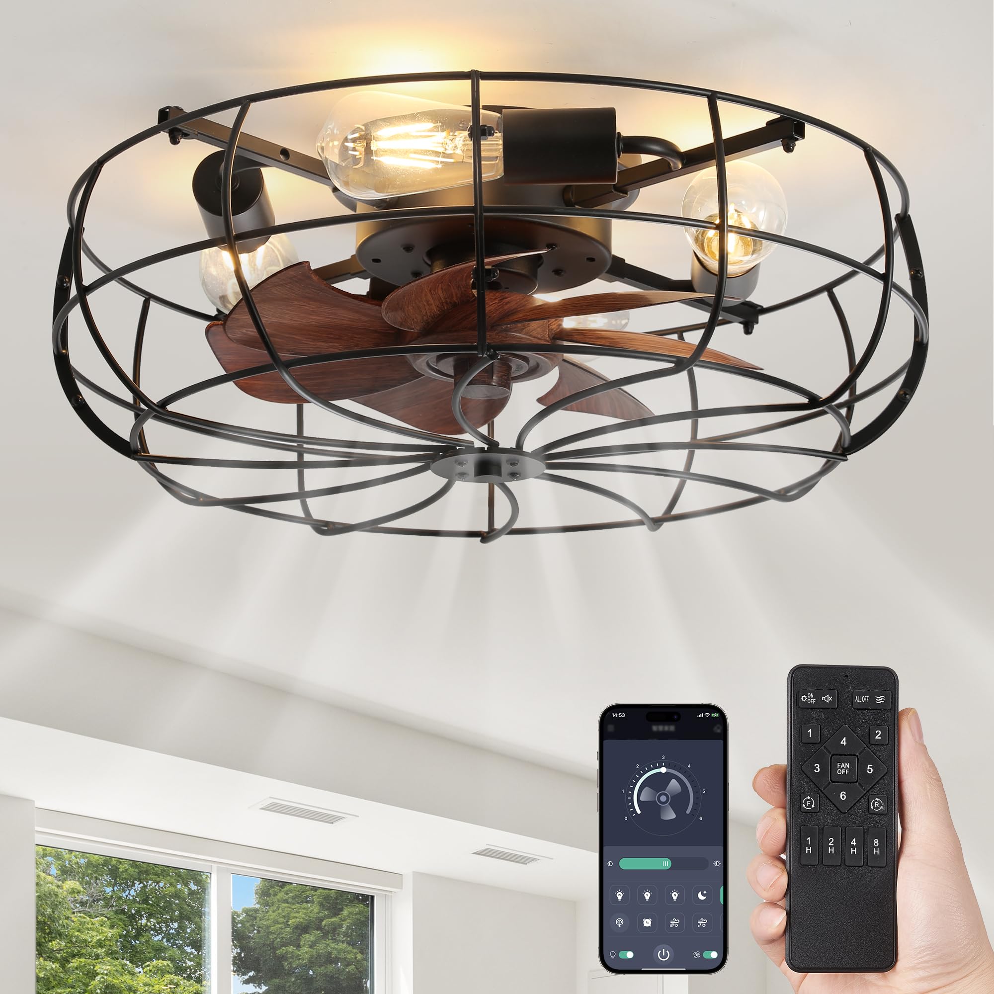 LEDIARY 20-inch caged ceiling fan in front view showing compact low-profile design