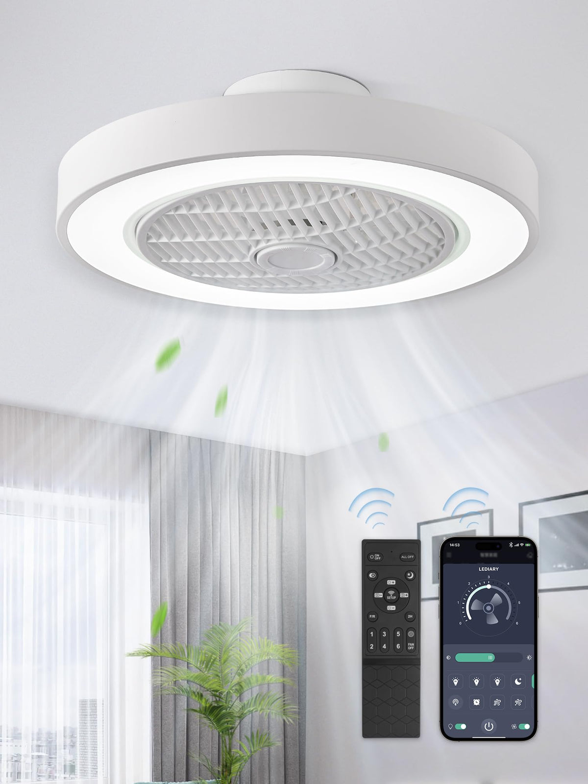 LEDIARY 20-inch bladeless ceiling fan light with quiet operation for any room