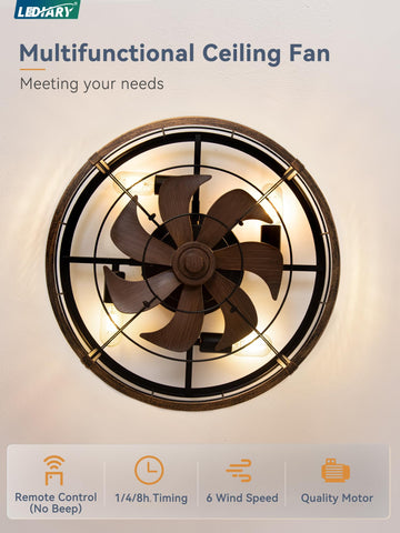 LEDIARY walnut wood accent highlights rustic design with enclosed blades.