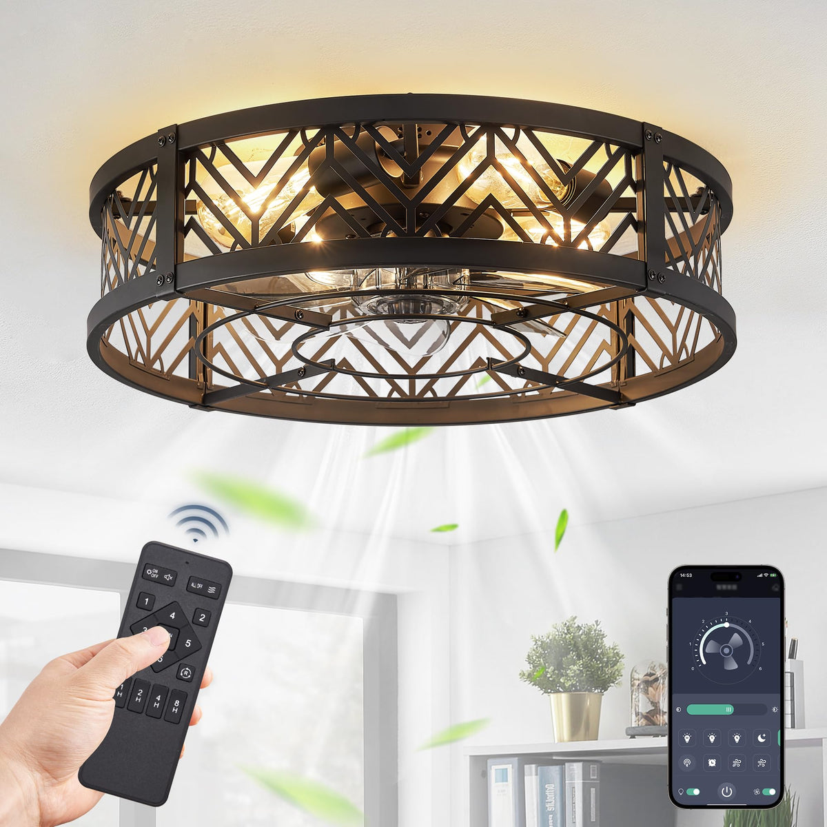 LEDIARY 20-inch caged ceiling fan with light, black finish, stylish room focal point.