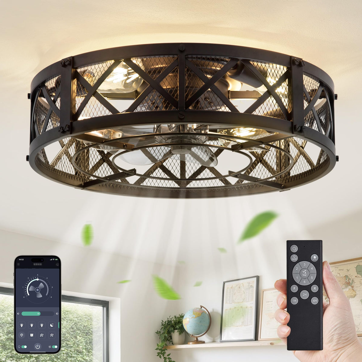 LEDIARY 20-inch caged fan front view shows modern rustic design and airflow