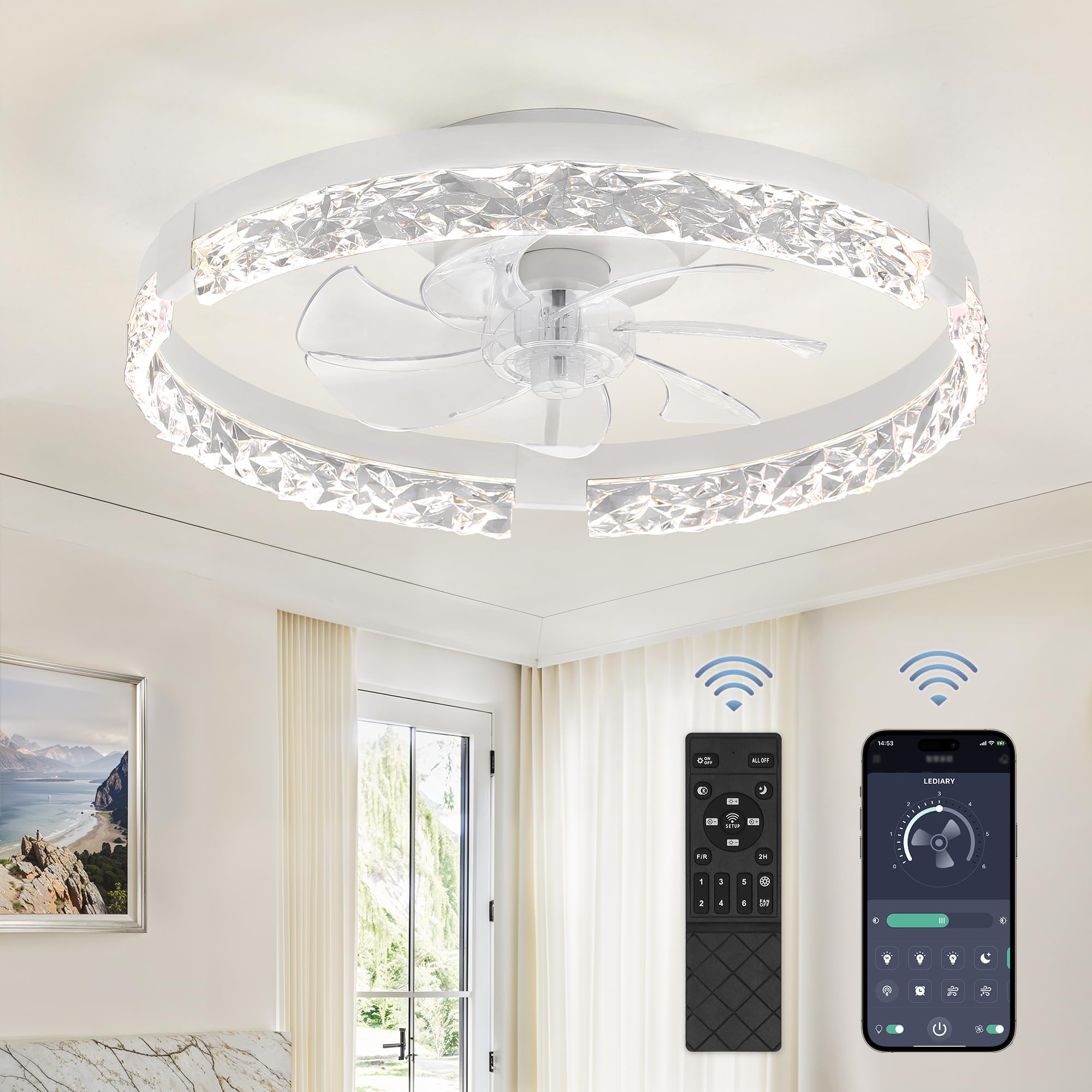 LEDIARY 20-inch low-profile ceiling fan with remote for quiet, comfortable airflow.