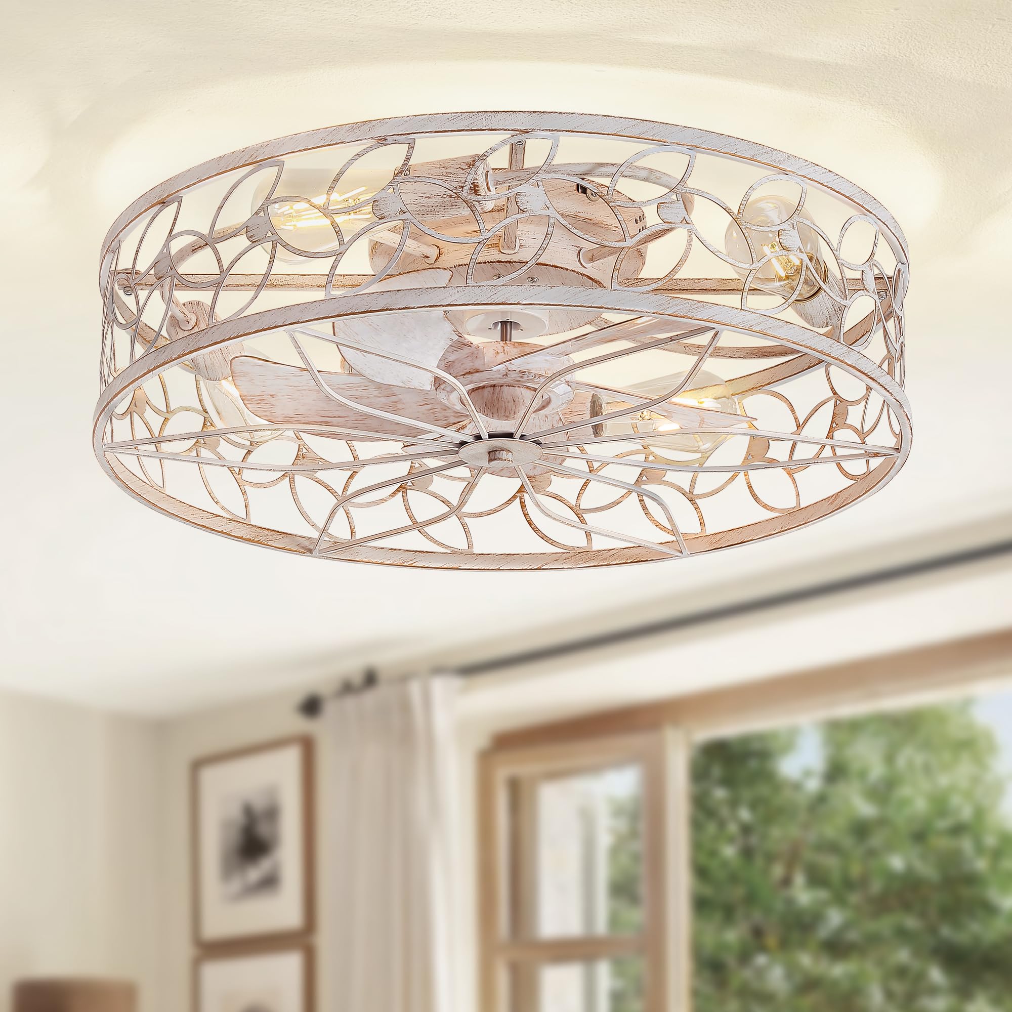 LEDIARY 23-inch caged ceiling fan with light in white gold for larger rooms.