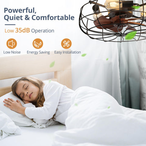 LEDIARY caged fan with lights on demonstrating ambient bedroom illumination