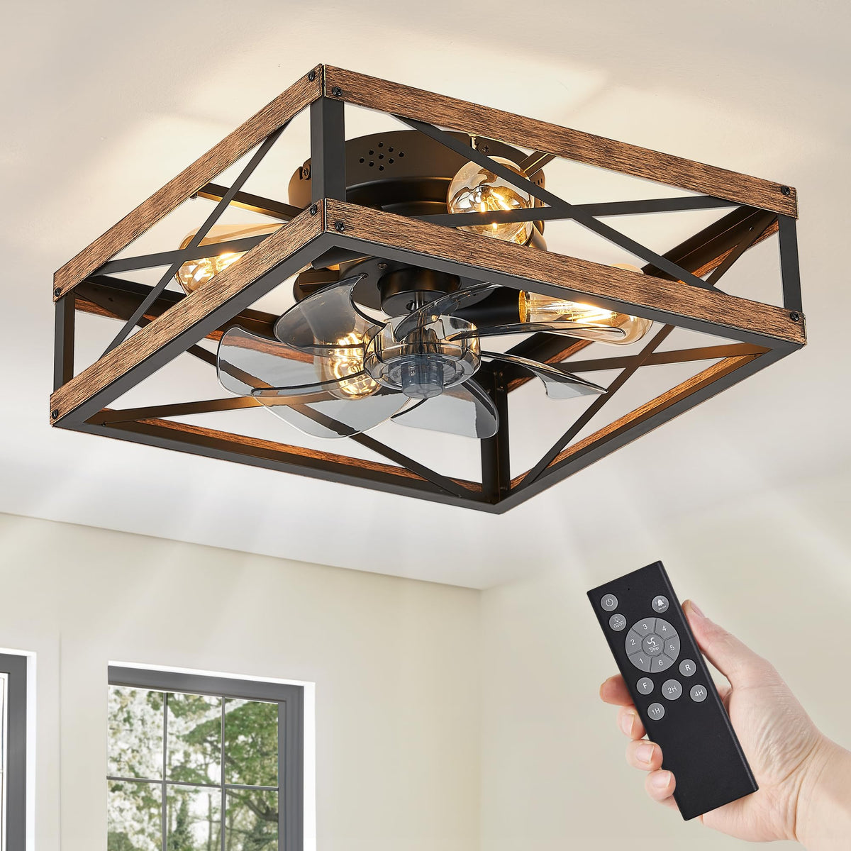 LEDIARY caged low-profile fan with square design for rustic-modern interiors