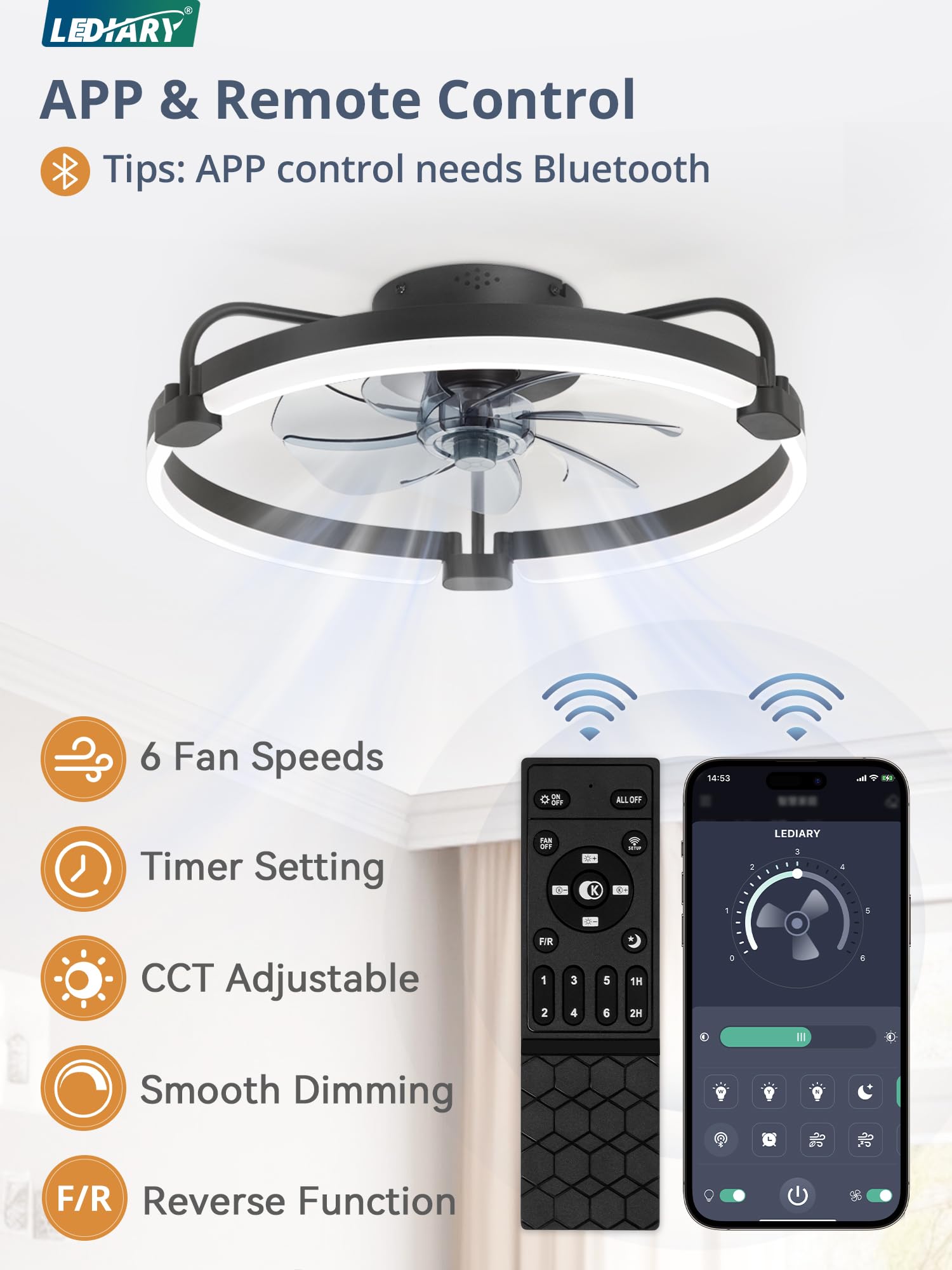 LEDIARY 20-inch flush-mount ceiling fan fits small spaces with strong airflow