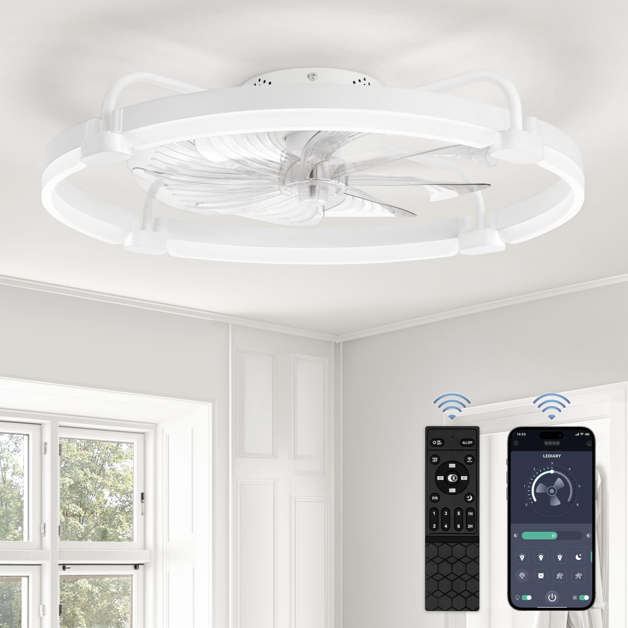 LEDIARY ceiling fan with remote in a modern bedroom flush mount for clean lines.