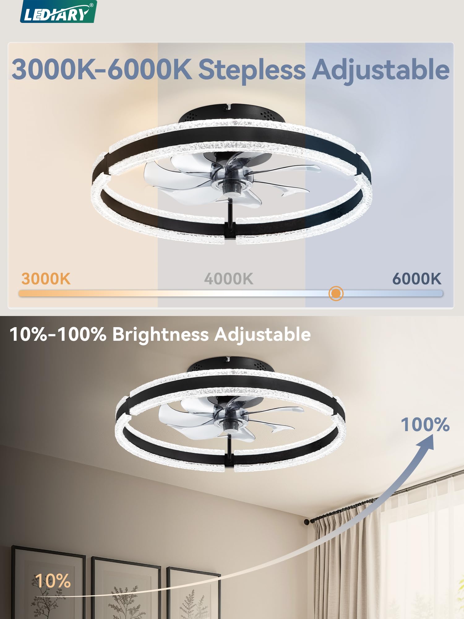 LEDIARY dimmable 3000K-6000K light creates variable ambience.