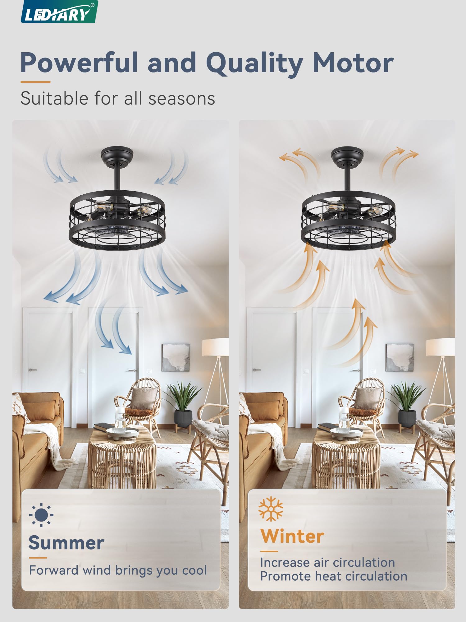 LEDIARY farmhouse-style caged fan installed in a living room setting.