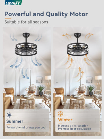 LEDIARY farmhouse-style caged fan installed in a living room setting.