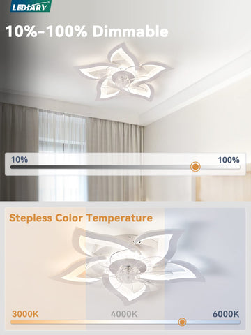 LEDIARY Flower ceiling fan with dimmable LED light for customizable ambiance.