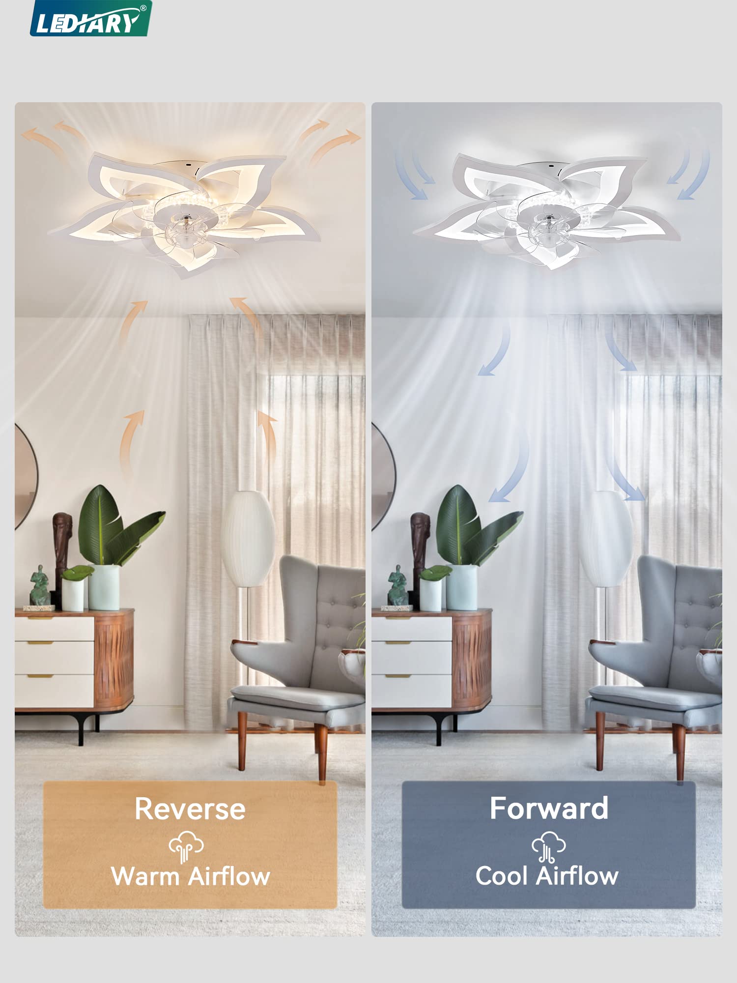 LEDIARY reversible direction feature enabling seasonal airflow adjustments.