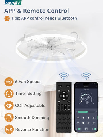 LEDIARY low-profile flush mount emphasizes quiet operation and six-speed airflow.
