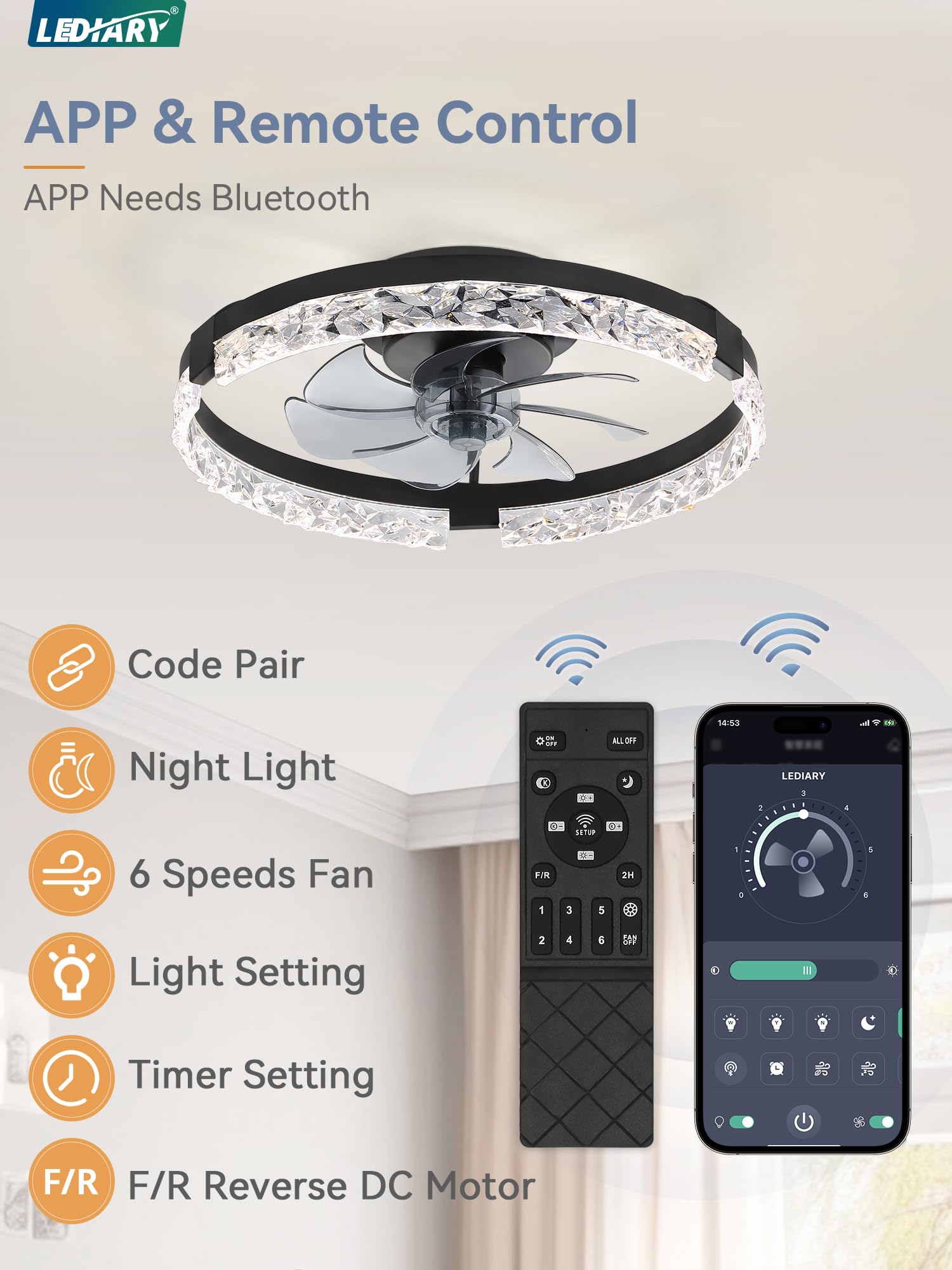 LEDIARY quiet copper motor delivers smooth airflow with low noise.