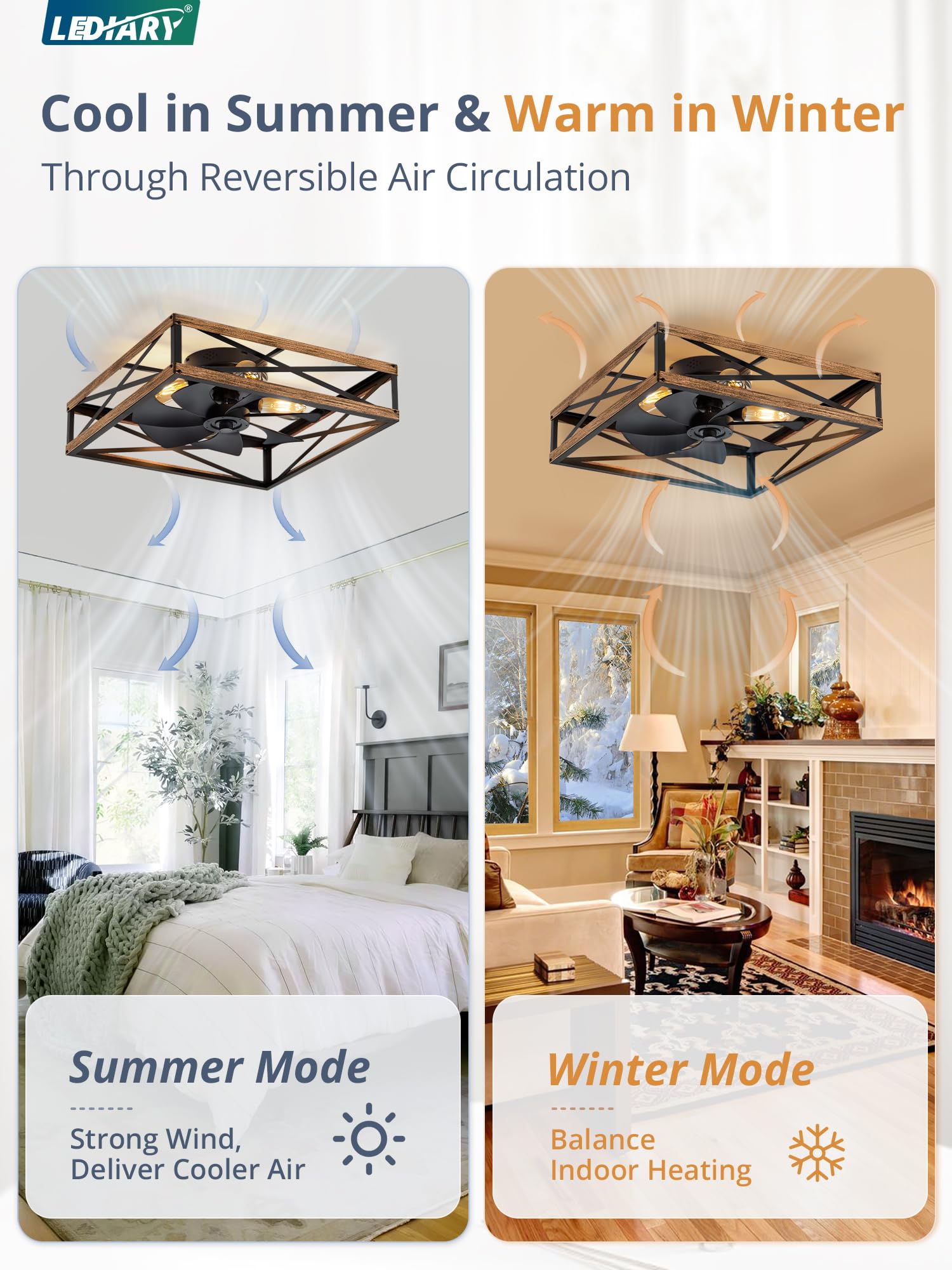 LEDIARY remote-control operation provides quiet, convenient fan and light control.