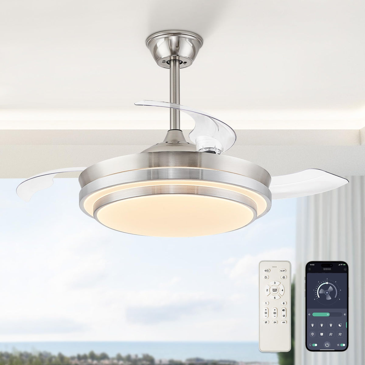 LEDIARY retractable ceiling fan with remote-controlled lighting for easy comfort