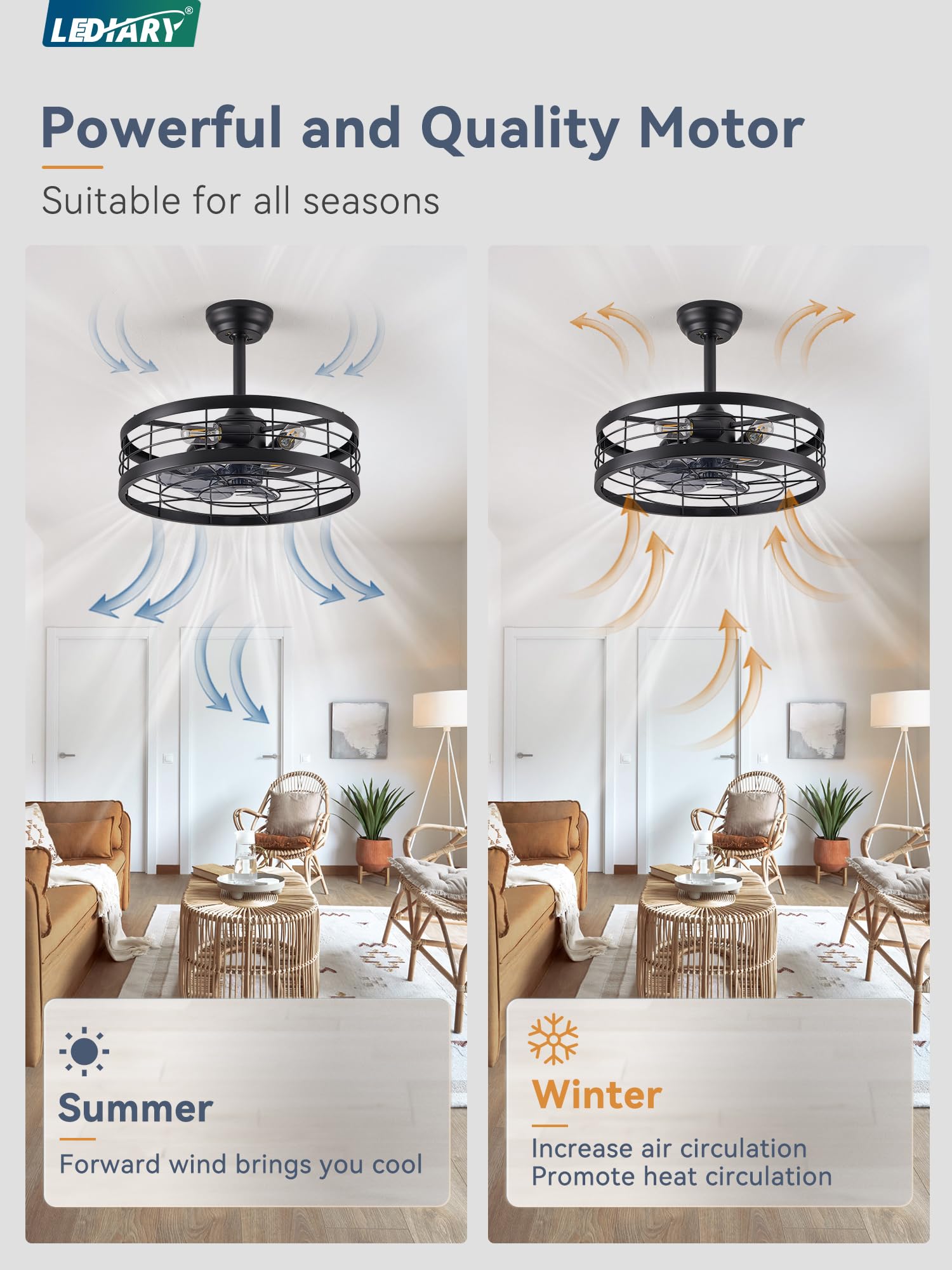 LEDIARY seven-blade assembly delivers smooth airflow with an industrial look.
