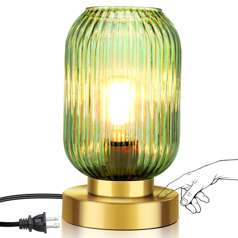 LEDIKON mid-century table lamp with gold base and green ribbed glass shade for chic lighting.