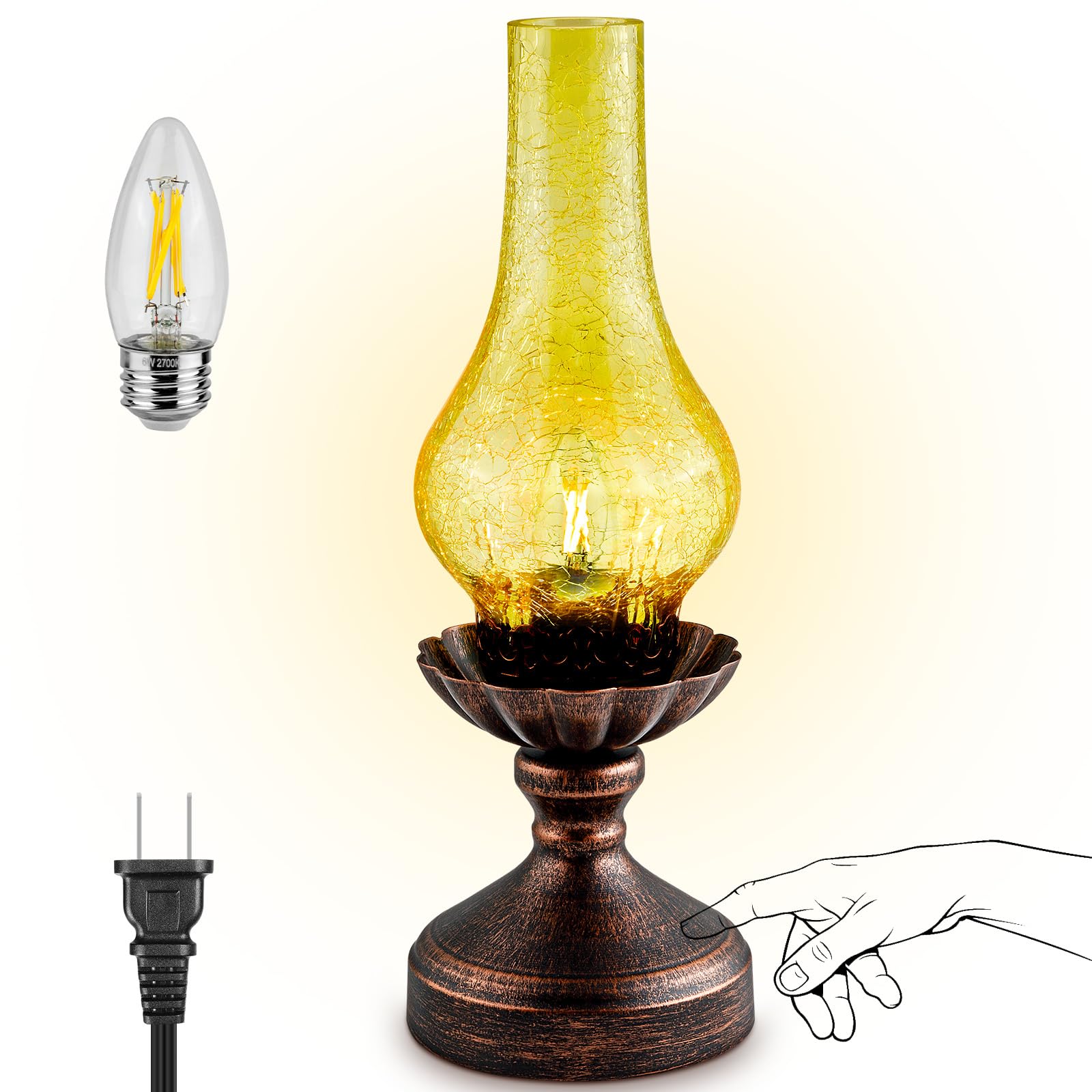 LEDIKON touch-control vintage table lamp with amber crackled glass shade provides warm ambience.