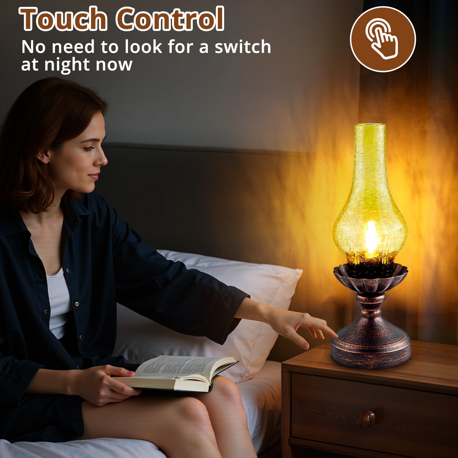 LEDIKON vintage lamp with amber crackled shade on a bedside table for cozy evenings.