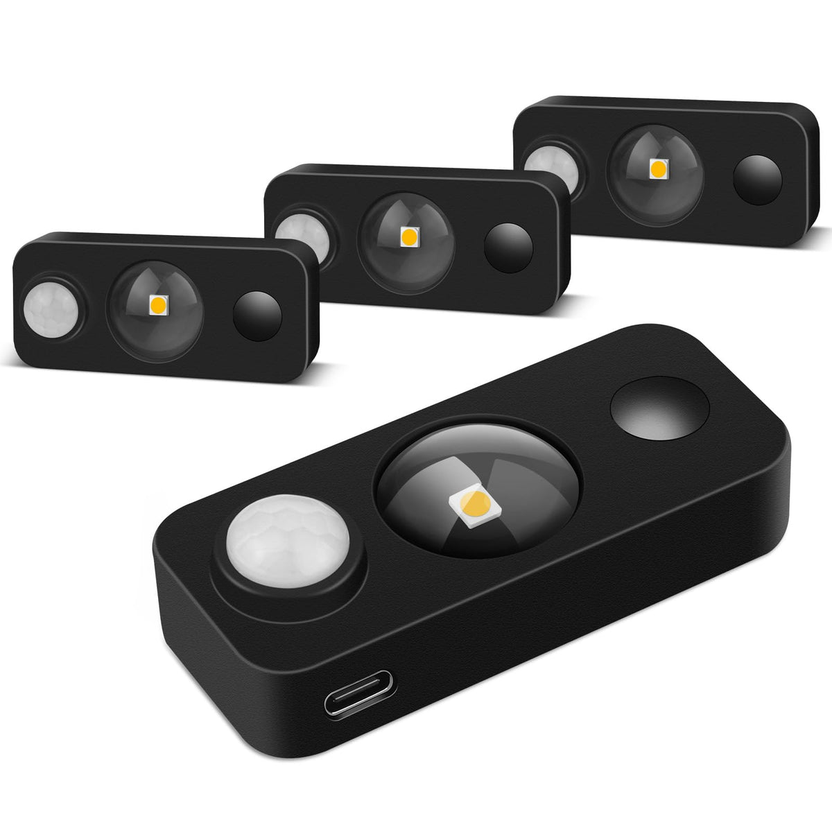 LEDLampsWorld black motion sensor night light puck, front view, ideal cabinet lighting.