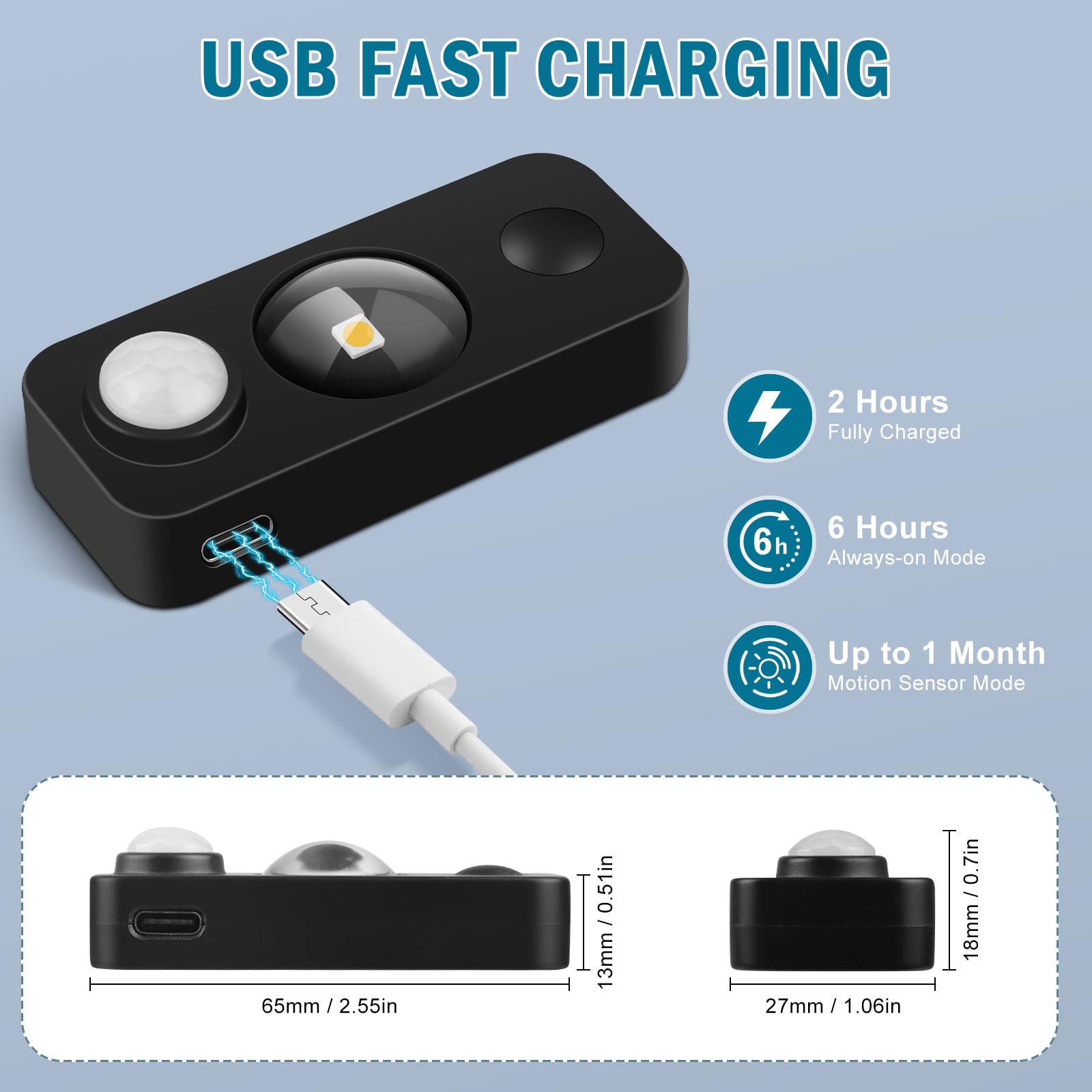 LEDLampsWorld rechargeable cabinet light with USB charging, easy adhesive installation.