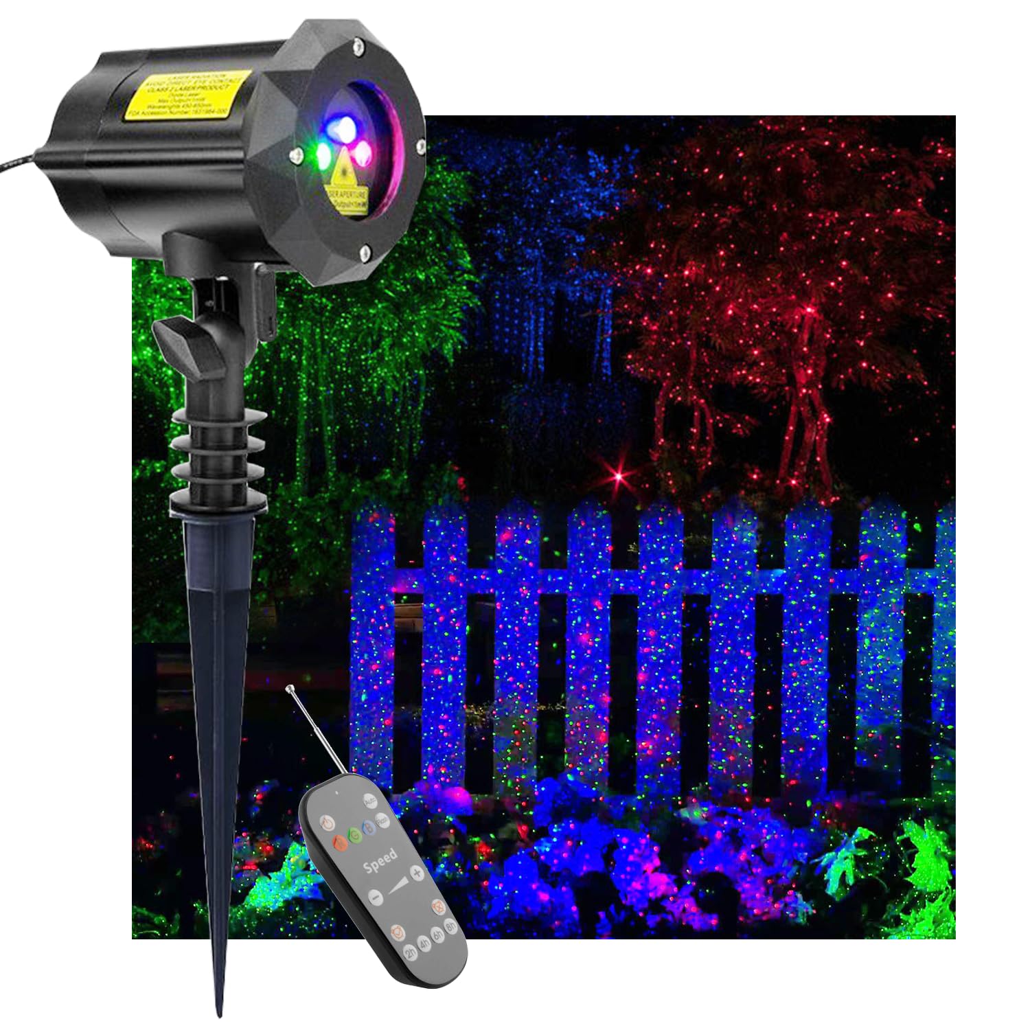 LEDMall Christmas laser projector outdoors with RGB fireflies for festive illumination.